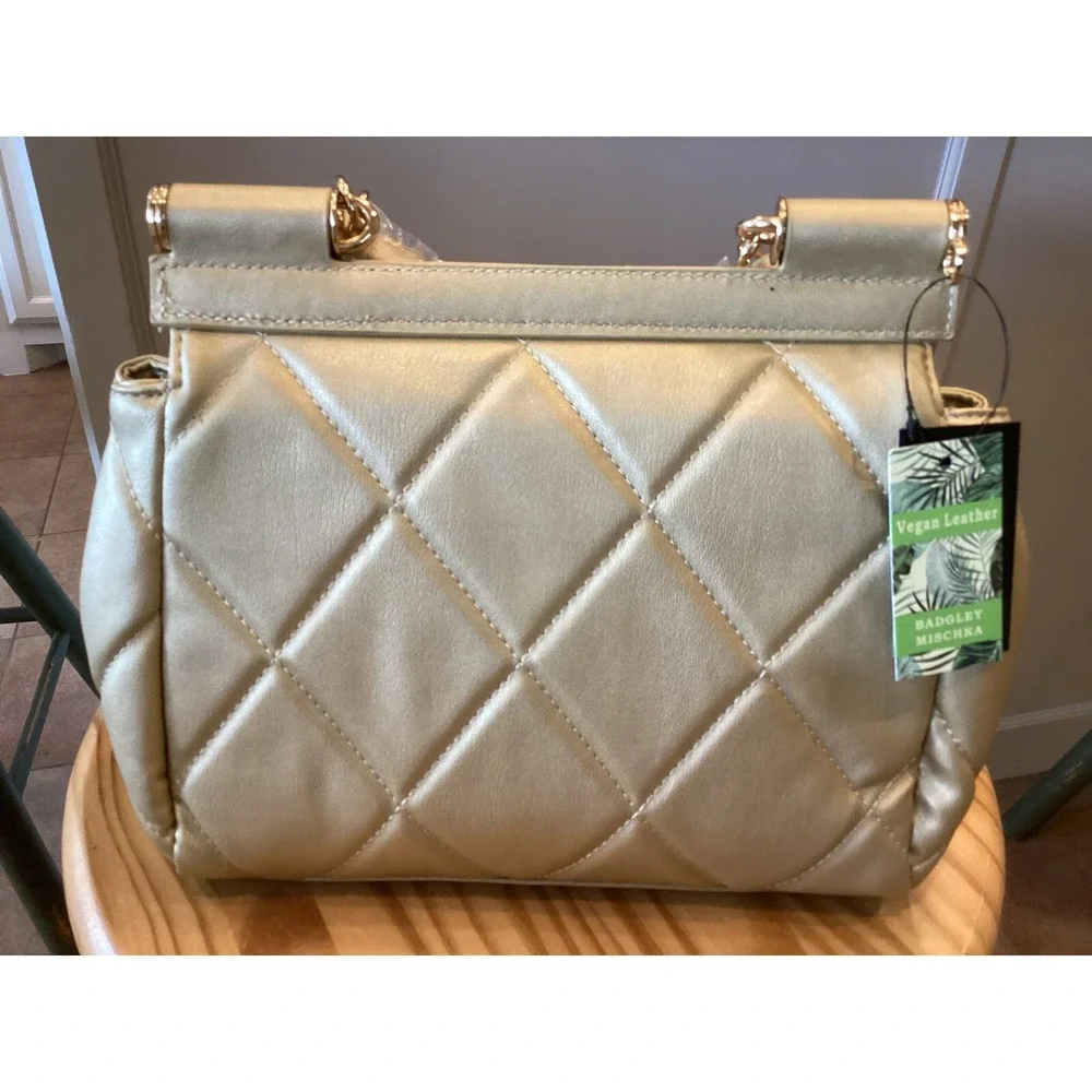 Badgley Mischka Satchel Quilted Vegan Leather Top Handle Bag Gold‎